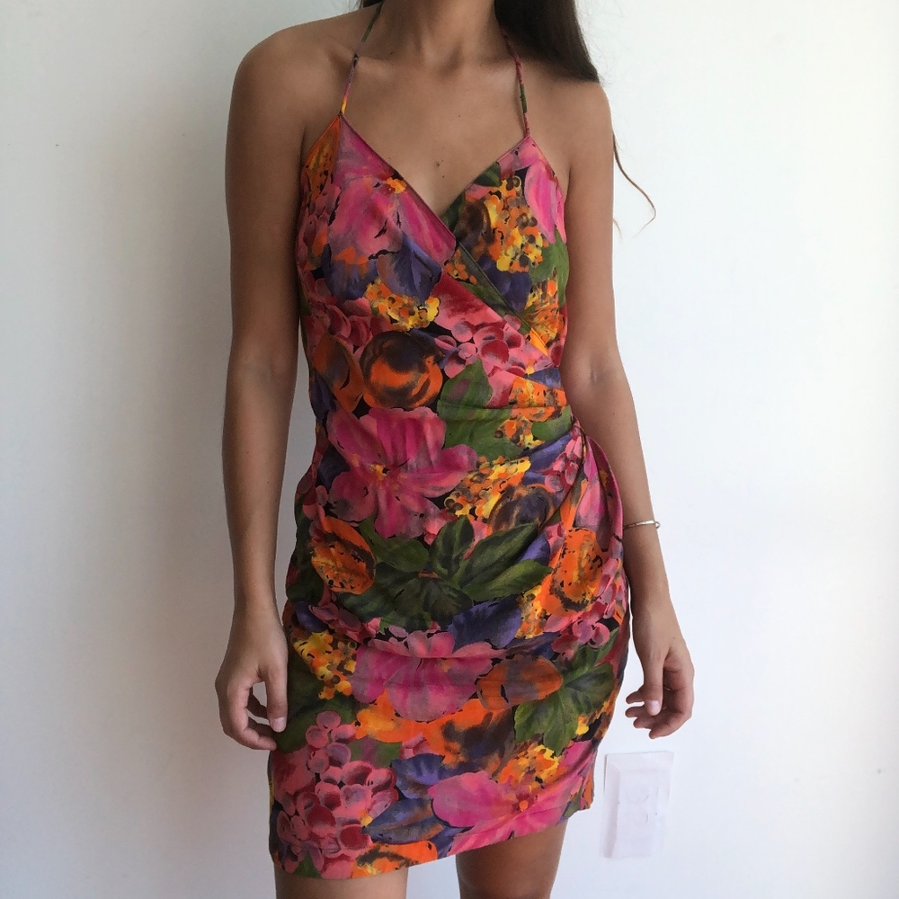 Vintage La belle floral wrap front halter dress S